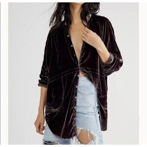 Free People We The Free Summer Daydream Velvet Buttondown Black Raisin XS